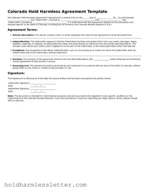 Printable Colorado Hold Harmless Agreement Form