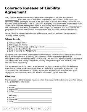 Printable Colorado Release of Liability Form