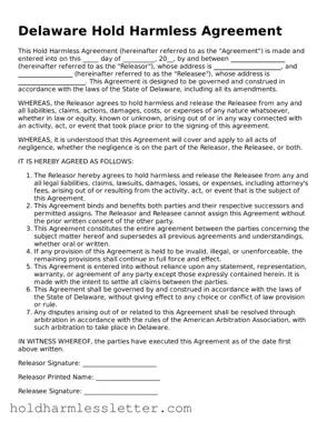 Printable Delaware Hold Harmless Agreement Form