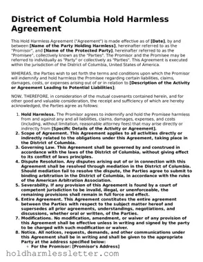 Printable District of Columbia Hold Harmless Agreement Form
