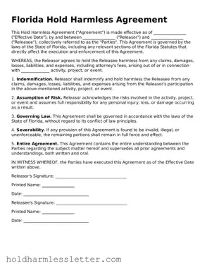 Printable Florida Hold Harmless Agreement Form
