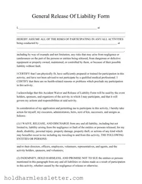 Blank General Release Of Liability PDF Template