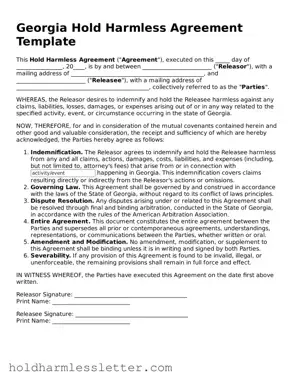 Printable Georgia Hold Harmless Agreement Form