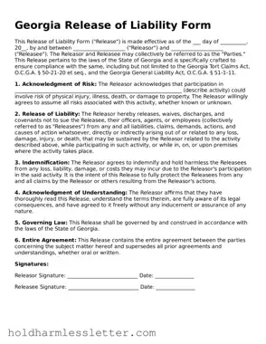 Printable Georgia Release of Liability Form