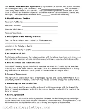 Printable Hawaii Hold Harmless Agreement Form