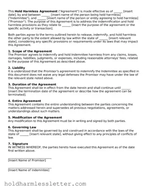 Fillable Hold Harmless Agreement Template