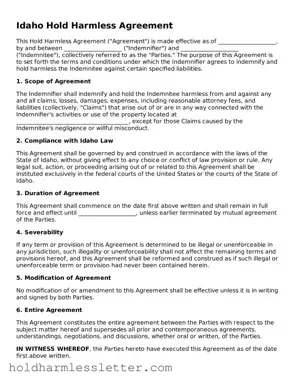 Printable Idaho Hold Harmless Agreement Form