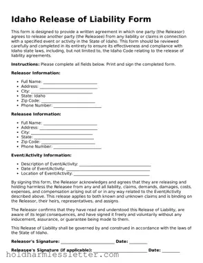 Printable Idaho Release of Liability Form