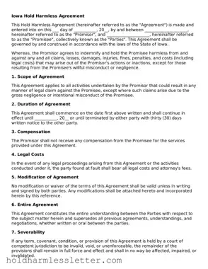 Printable Iowa Hold Harmless Agreement Form