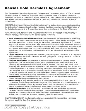 Printable Kansas Hold Harmless Agreement Form