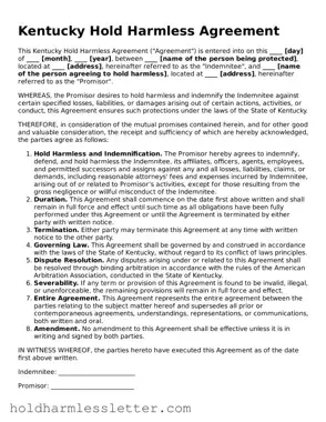 Printable Kentucky Hold Harmless Agreement Form