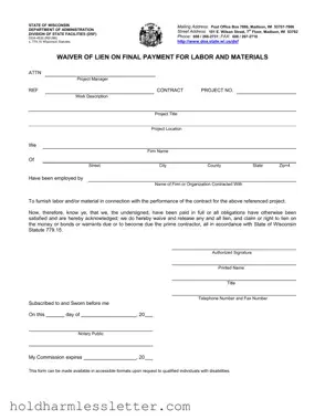 Blank Lien Waiver Wisconsin PDF Template