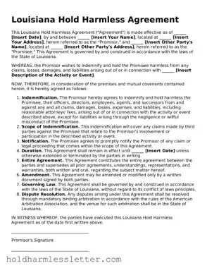 Printable Louisiana Hold Harmless Agreement Form