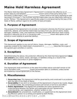 Printable Maine Hold Harmless Agreement Form