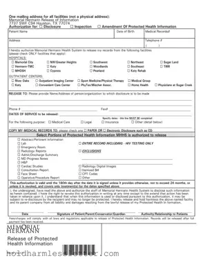 Blank Memorial Hermann Release PDF Template