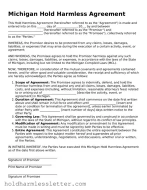 Printable Michigan Hold Harmless Agreement Form