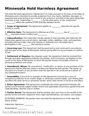 Printable Minnesota Hold Harmless Agreement Form
