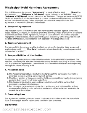 Printable Mississippi Hold Harmless Agreement Form