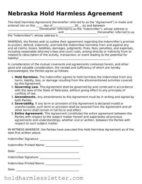 Printable Nebraska Hold Harmless Agreement Form
