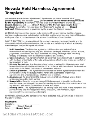 Printable Nevada Hold Harmless Agreement Form
