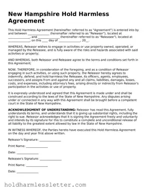 Printable New Hampshire Hold Harmless Agreement Form