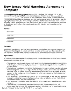 Printable New Jersey Hold Harmless Agreement Form