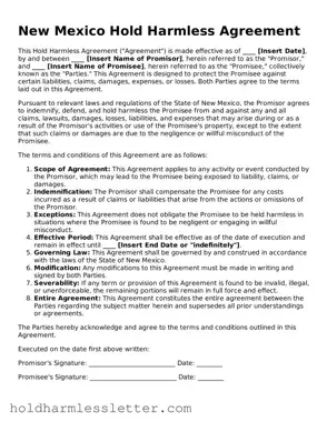 Printable New Mexico Hold Harmless Agreement Form