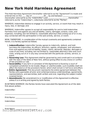 Printable New York Hold Harmless Agreement Form