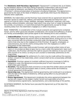 Printable Oklahoma Hold Harmless Agreement Form