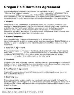 Printable Oregon Hold Harmless Agreement Form