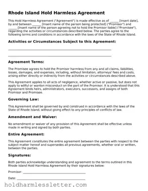 Printable Rhode Island Hold Harmless Agreement Form