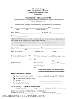 Blank Saint Pauls College Transcript Release PDF Template