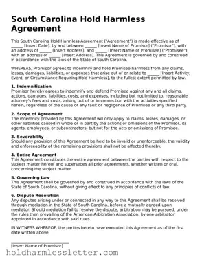 Printable South Carolina Hold Harmless Agreement Form