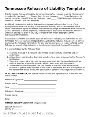 Printable Tennessee Release of Liability Form