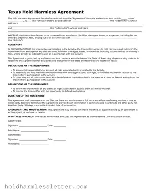 Printable Texas Hold Harmless Agreement Form