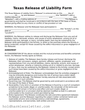 Printable Texas Release of Liability Form