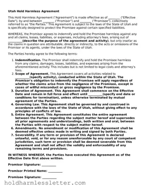 Printable Utah Hold Harmless Agreement Form