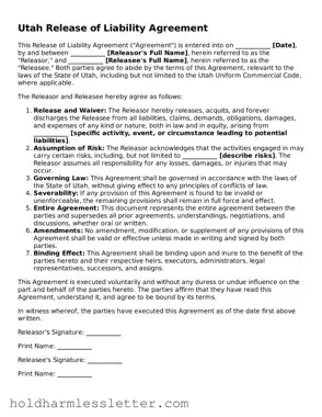 Printable Utah Release of Liability Form