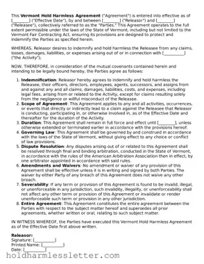 Printable Vermont Hold Harmless Agreement Form