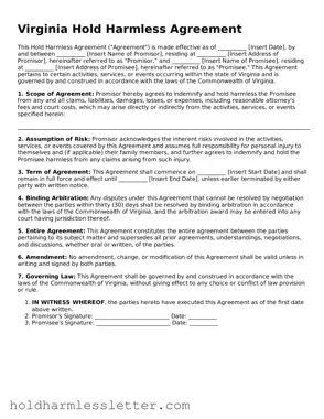 Printable Virginia Hold Harmless Agreement Form