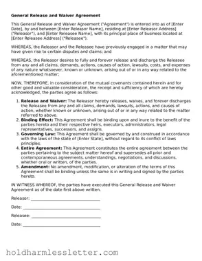 Fillable General Release and Waiver Template