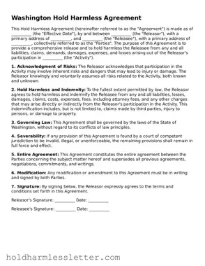 Printable Washington Hold Harmless Agreement Form