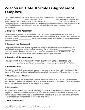 Printable Wisconsin Hold Harmless Agreement Form