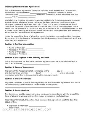 Printable Wyoming Hold Harmless Agreement Form