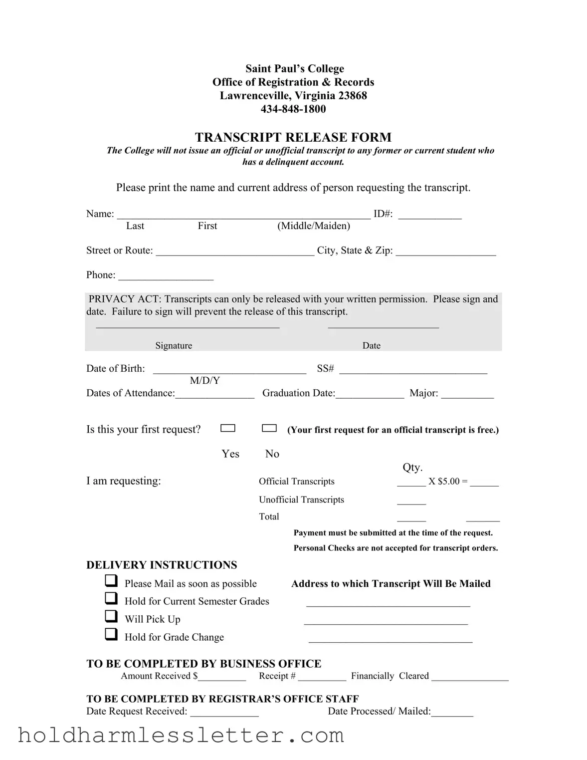Blank Saint Pauls College Transcript Release PDF Template