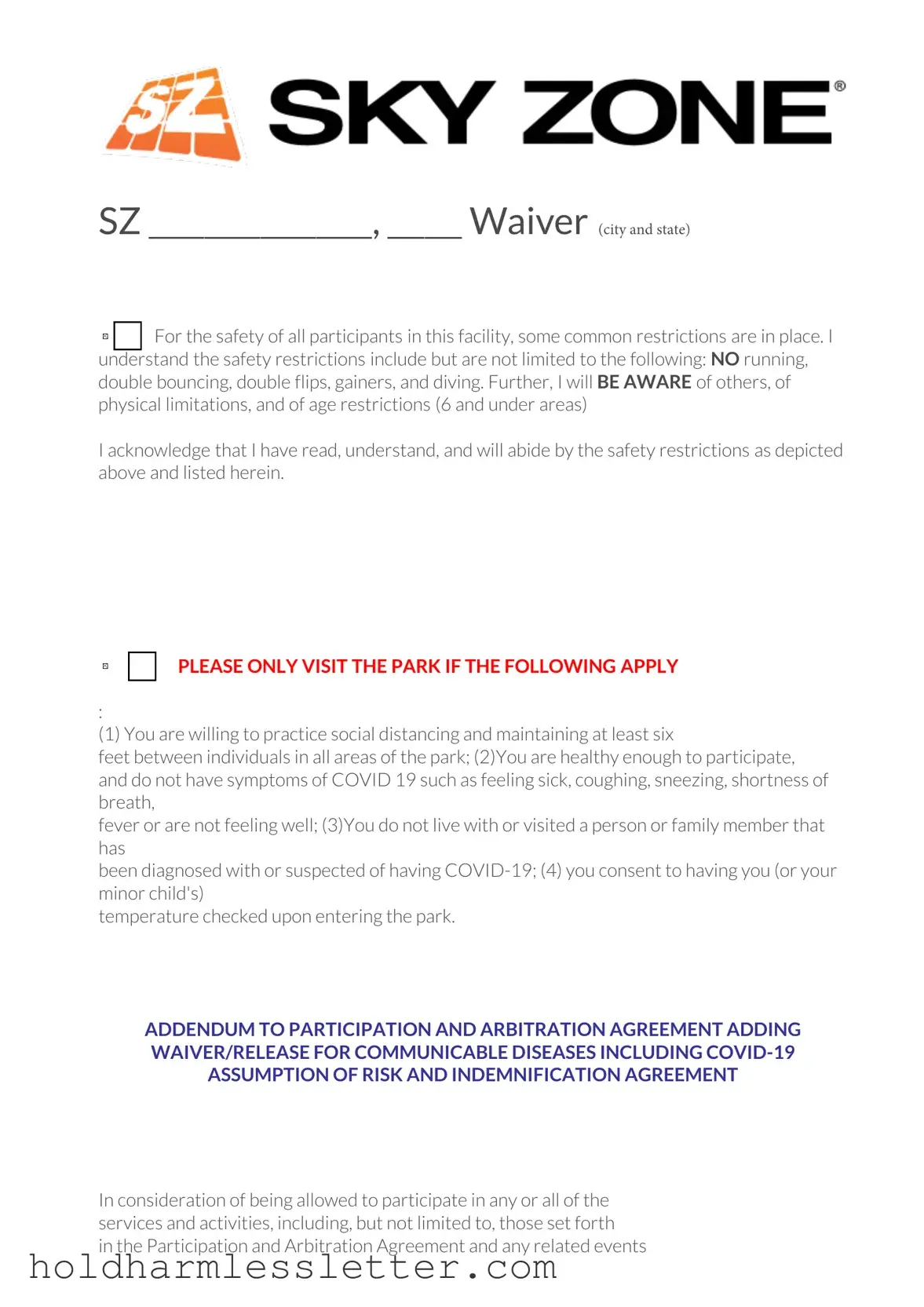 Blank Sky Zone Waiver PDF Template