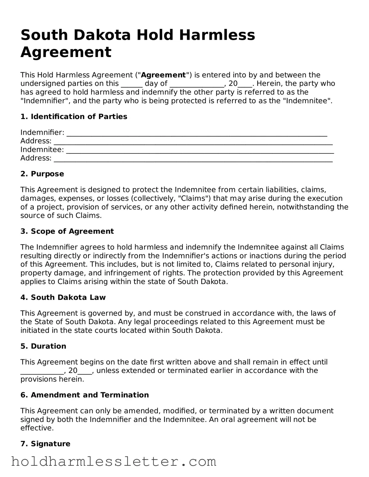 Printable South Dakota Hold Harmless Agreement Form