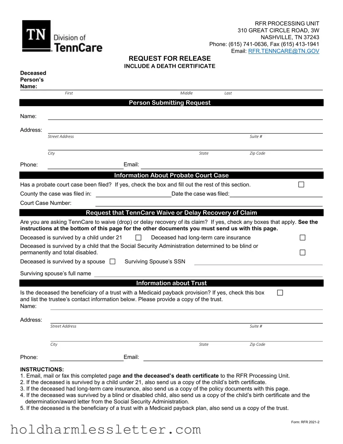 Blank Tenncare Request For Release PDF Template