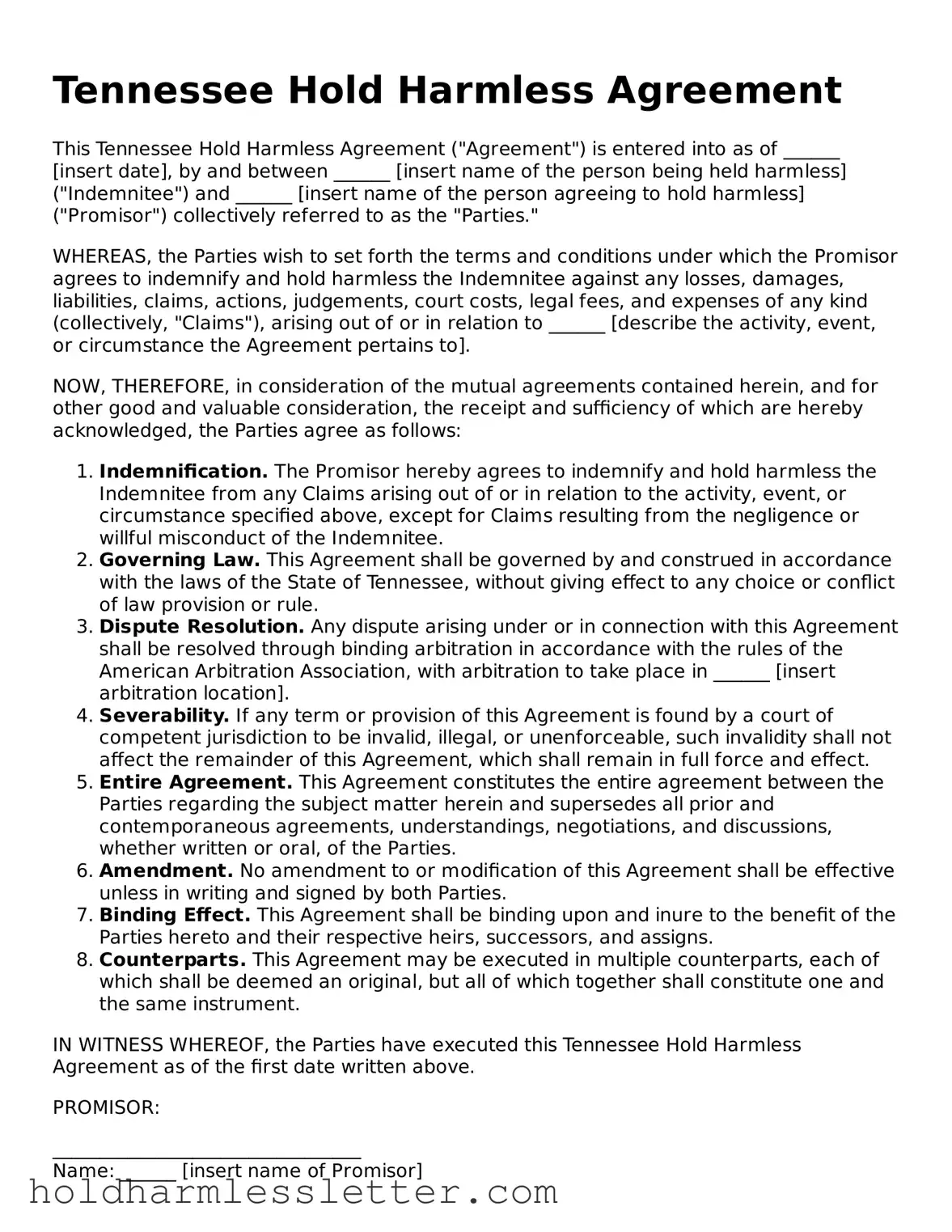 Printable Tennessee Hold Harmless Agreement Form
