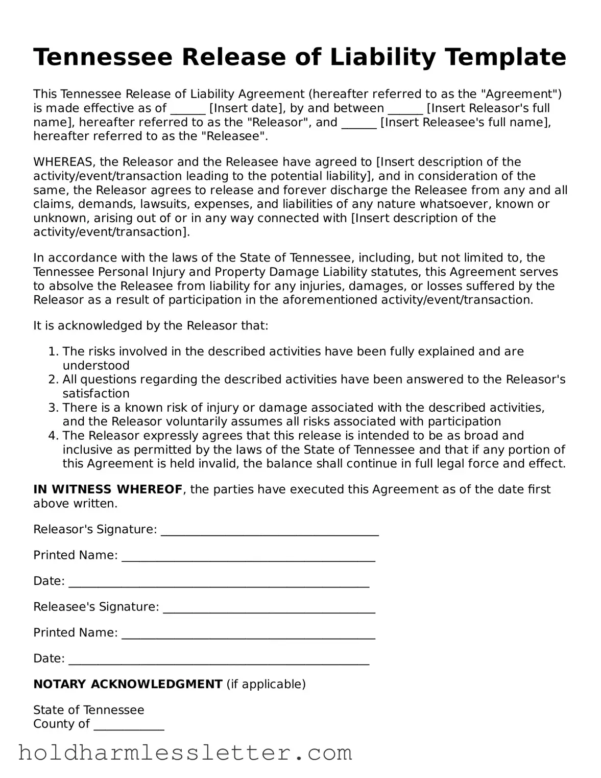 Printable Tennessee Release of Liability Form